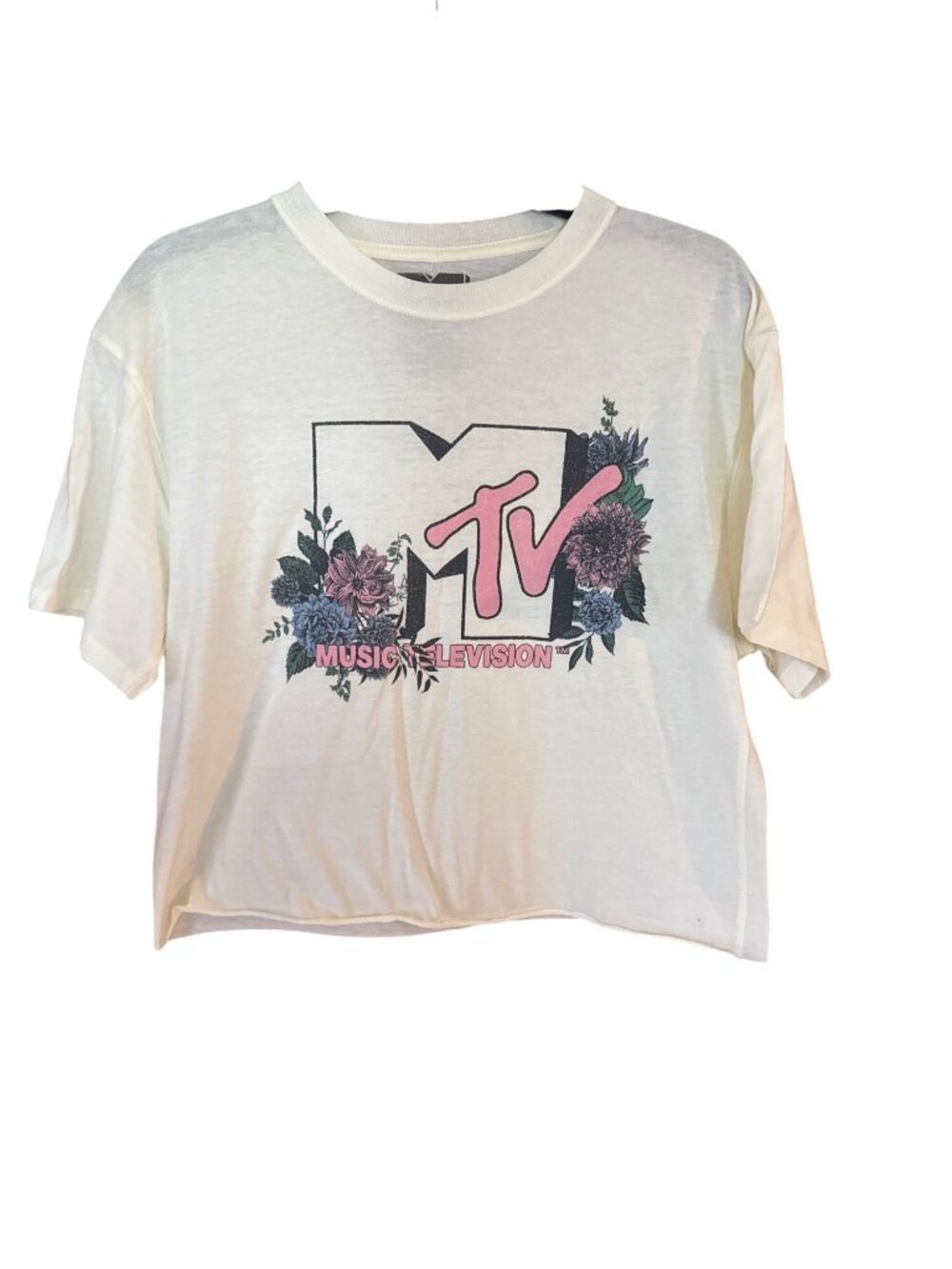 MTV Retro Floral Graphic Cropped T-Shirt White M 60% Cotton 40% Polyester